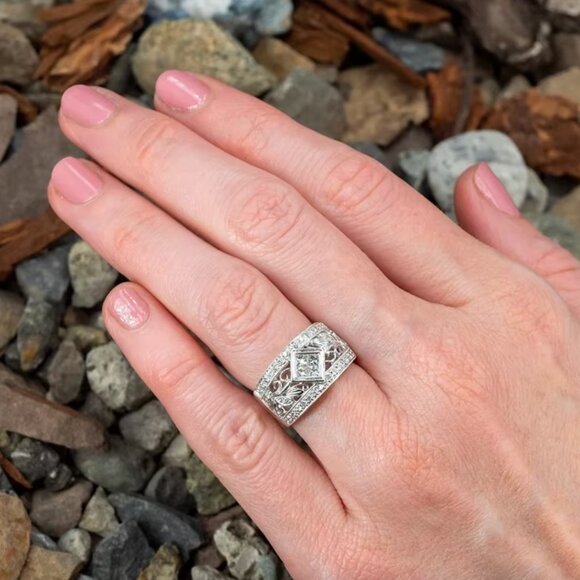 NEW 14K White Gold Diamond Ring Band Princess Cut Vintage Diamond Ring Band - Picture 3 of 5